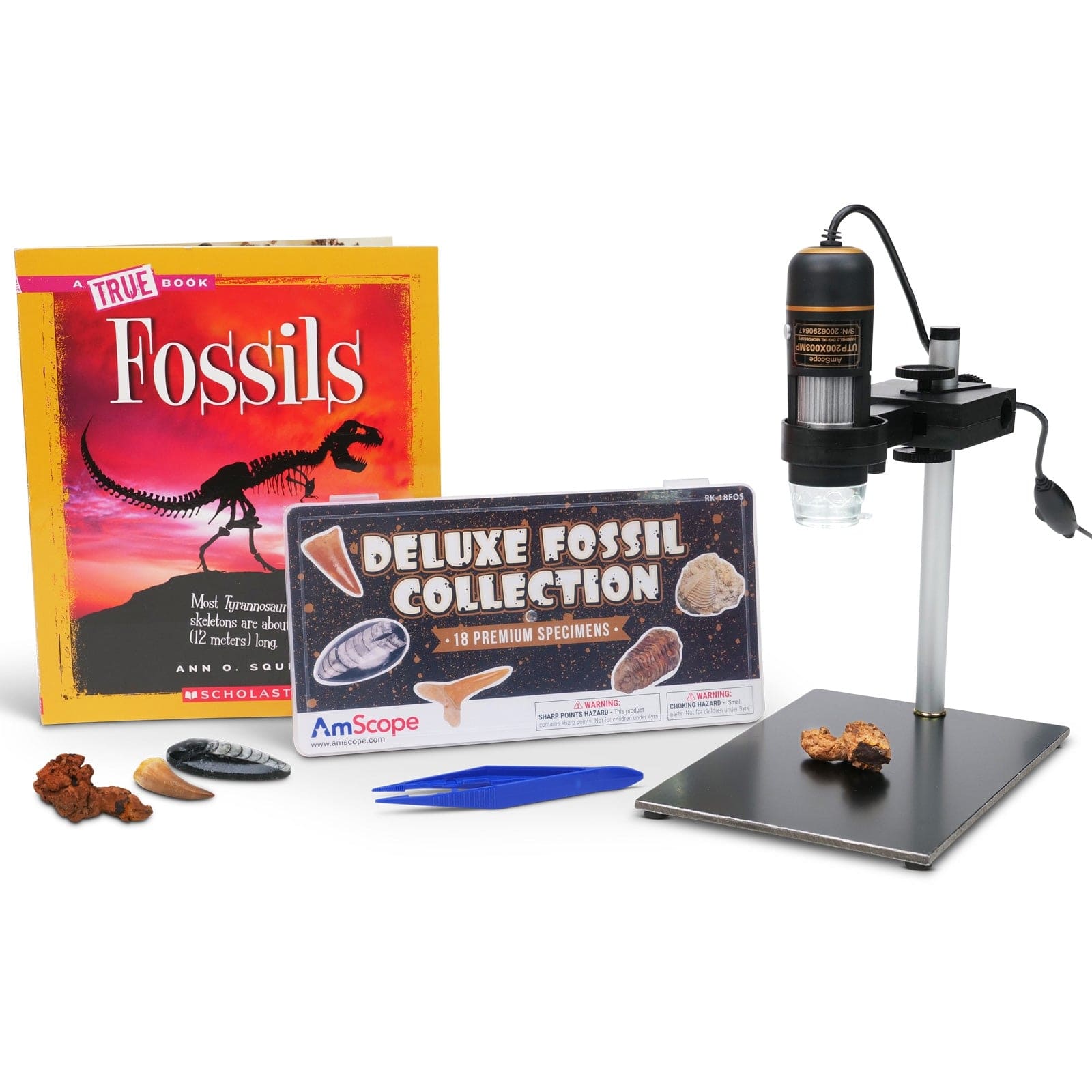 amscope-utp200-usb-handmikroskop-200x-0-3mp-mit-fossil-set image 1